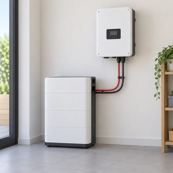 A single Dyness PowerBox Pro battery unit standing on the floor beside a wall-mounted Deye hybrid inverter, with correctly sized cables running between the two in a tidy home installation.