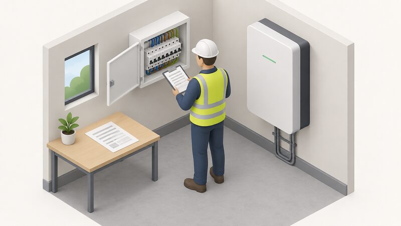 A building control inspector stands at a home's consumer unit with its door open, examining the wiring connections while a test certificate sheet lies on a nearby surface, with a wall-mounted home battery unit visible nearby in the room.