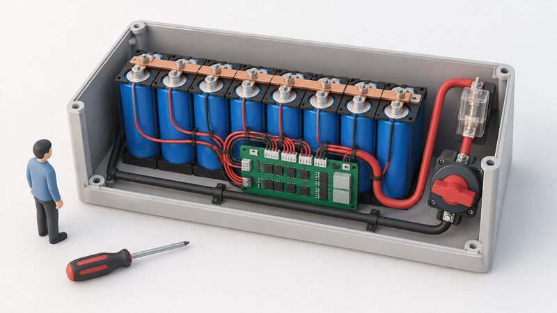 An open DIY battery enclosure shown in cutaway, with a row of lithium cells linked by busbars to a BMS board, plus cabling, a fuse and an isolation switch, and no certificate or paperwork anywhere in the scene.