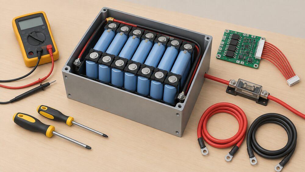 A close-up of a DIY home battery bank build on a workbench: an open metal enclosure in the centre with rows of lithium-ion cells inside, a BMS board with balance leads resting beside it, thick cabling, a fuse and a multimeter and screwdrivers laid out on the bench, with no wall or room visible.