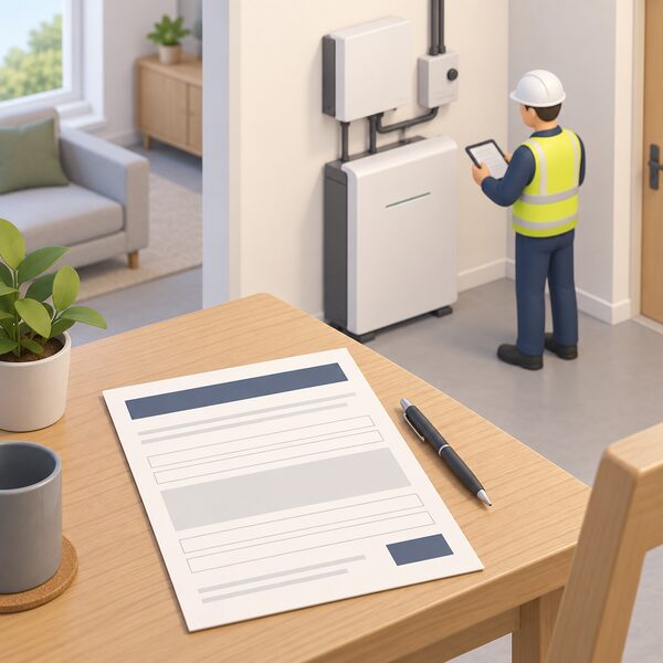 A BS 7671 electrical installation test certificate lying on a table in a home, drawn as a physical printed document with blank lines and plain blocks, beside a home battery installation being inspected by a simplified figure.