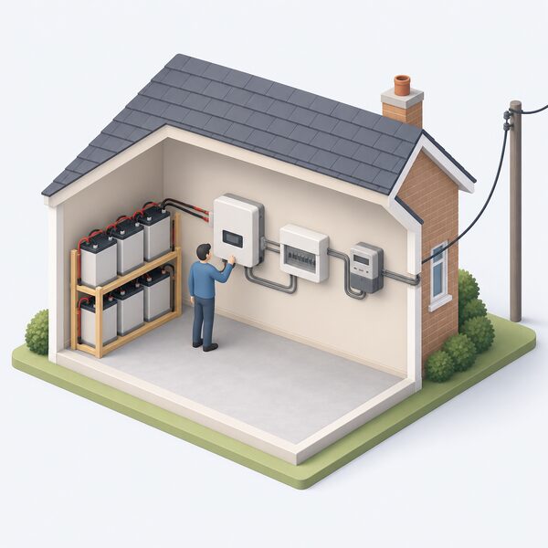 A simplified isometric cutaway of a home showing a home-built battery bank connected to a wall-mounted battery inverter, which links through the household consumer unit and an export meter to the incoming grid supply cable, with a small figure inspecting the inverter.
