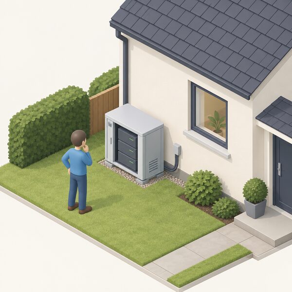 A small isometric house exterior with a weatherproof outdoor battery enclosure on the ground beside an outside wall, connected by cabling toward the house, with a simplified figure pausing to consider the new structure before installing it.