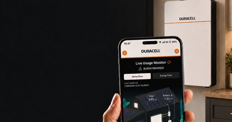A hand holding a smartphone showing the Duracell Energy app's Live Usage Monitor screen, with a white Duracell home battery mounted on the wall behind