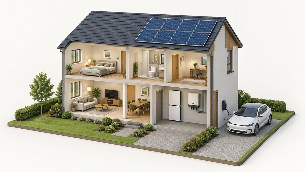 A cutaway house with slimline home batteries stacked and wall-mounted beside a hybrid inverter in a garage or utility space, solar panels on the roof, and an EV charger on the outside wall beside the drive, all part of one connected system.