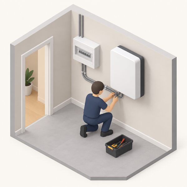 A qualified electrician in plain work clothing fits a wall-mounted home battery inside a house, connecting it with cabling to the household electrics, shown as a simplified isometric scene of the installation work being carried out indoors.