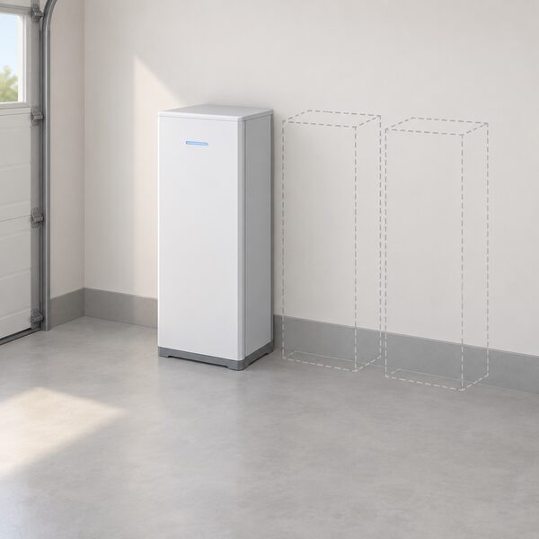 A single tall home battery storage module standing alone on a plain garage floor, with a gap beside it where further matching modules for a parallel bank would sit, shown as empty outlines to convey that spare units are no longer available.