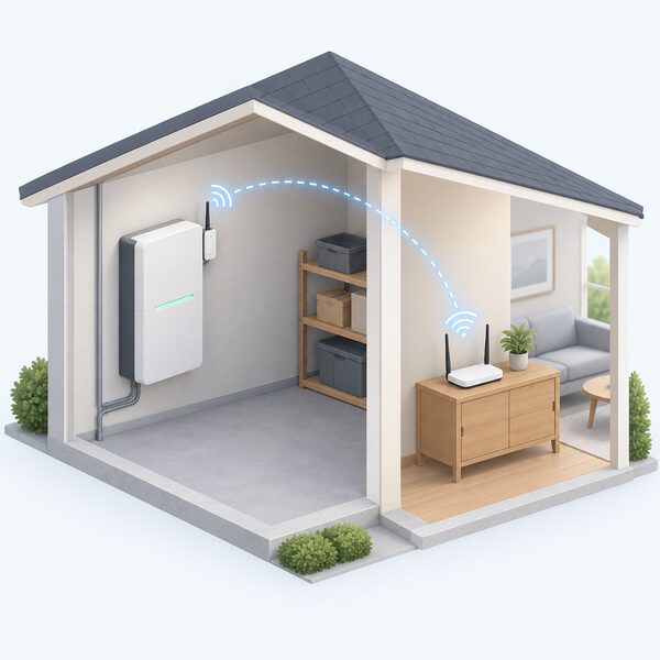 A small WiFi communication module mounted on a wall-mounted home battery unit in a utility space, with a signal path shown as a simple arc travelling from the module's antenna to a broadband router elsewhere in the house, indicating real-time remote monitoring of the battery's operating data.