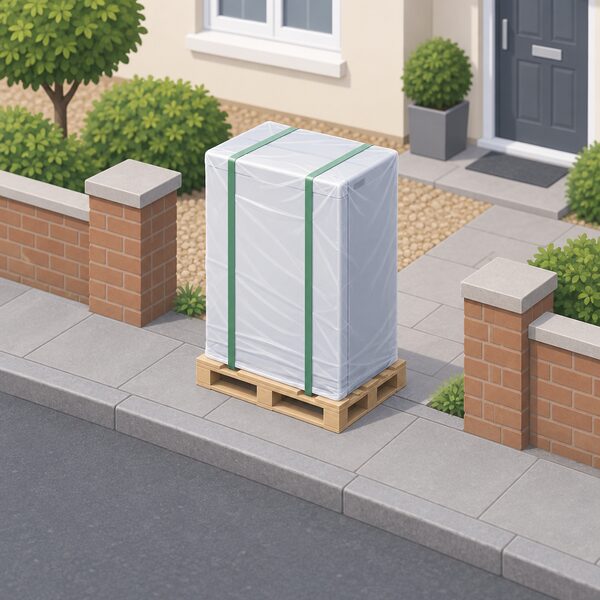 A large home battery strapped upright on a wooden pallet, wrapped in plain protective covering, left at the kerbside edge of a property beside the pavement in front of a house, with no one moving it yet.