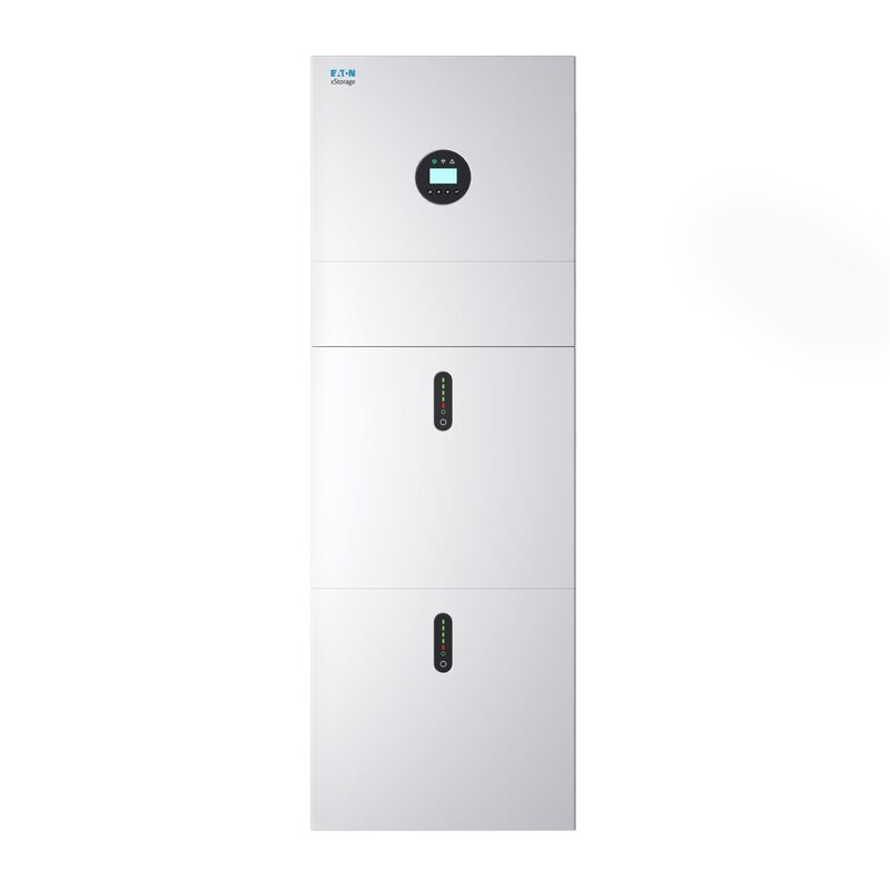 A white Eaton xStorage home battery unit with a small display and status lights, shown on a plain background