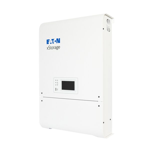 A white Eaton xStorage home battery storage unit with a small display panel, shown on a plain white background