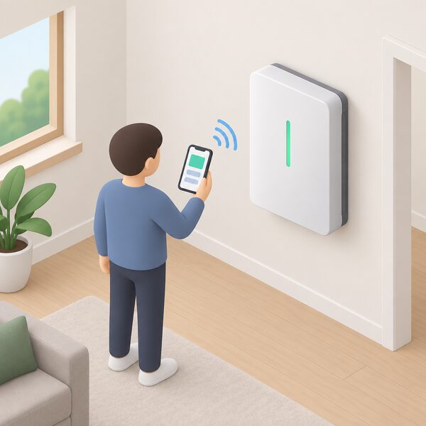 A wall-mounted home battery unit indoors with a simplified figure standing nearby holding a smartphone whose screen shows a plain local monitoring display, connected by a short-range link to the battery, with no cloud or remote connection shown.
