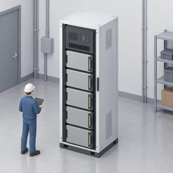 A single tall rack-mounted battery storage cabinet standing in a plain commercial utility space, drawn as one vertical rack containing five identical stacked battery packs with a power conversion section at the top, shown as a simplified isometric object with no labels or figures.