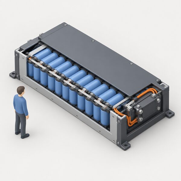 A single rectangular lithium-ion battery pack shown as a physical object, resting on a plain work surface with its casing partly open to reveal rows of battery cells and a small connection terminal block, drawn as a simplified isometric illustration.