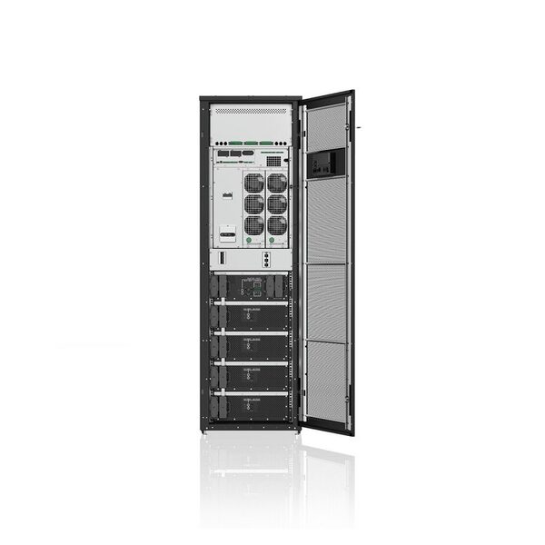 An Eaton xStorage Compact commercial battery energy storage cabinet shown open with internal modules and fans visible