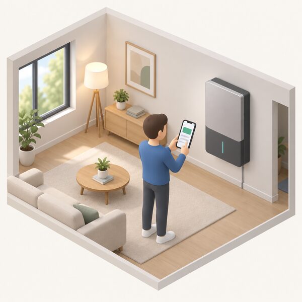 A simplified isometric figure stands in a home living room holding a smartphone whose screen shows plain colour blocks and blank lines representing the battery app, with a wall-mounted EcoFlow battery unit nearby connected to the home, conveying app-based control and monitoring of the battery.