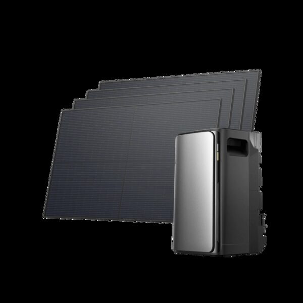 An EcoFlow STREAM battery unit with four rigid solar panels fanned out behind it on a white background