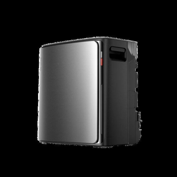 A black and grey EcoFlow home battery and inverter unit shown against a white background