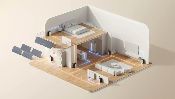A 3D cutaway illustration of a two-storey home showing solar panels, a battery unit and glowing power lines running to appliances