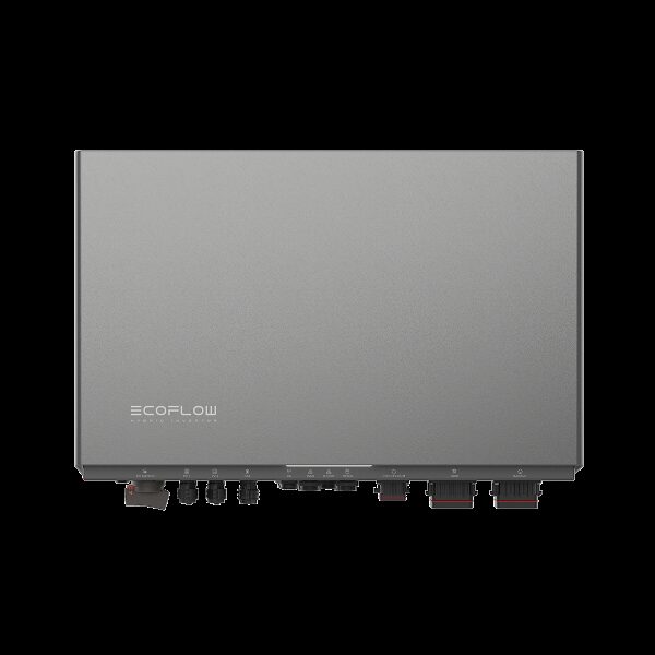 A grey EcoFlow hybrid solar inverter unit shown front-on with connection ports along the bottom