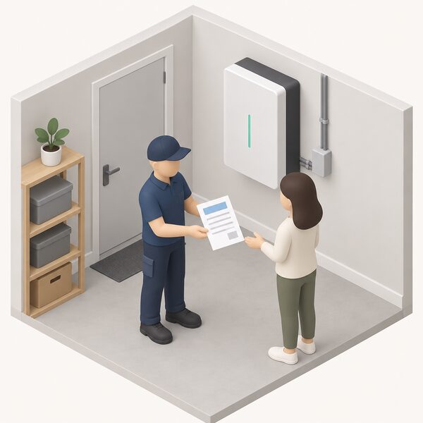An installer in plain work clothing stands beside a wall-mounted home battery unit in a utility room, holding out a printed quote sheet to a householder, the paper showing only blank lines and plain blocks so no figure can be read.