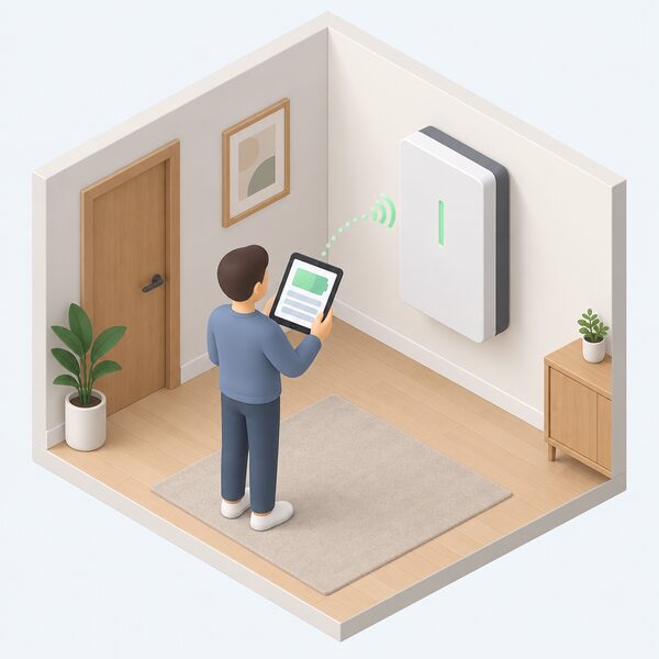 A wall-mounted home battery unit indoors, with a small isometric figure holding a tablet whose screen shows a plain monitoring display of the system running, connected by a simple signal link to the battery.