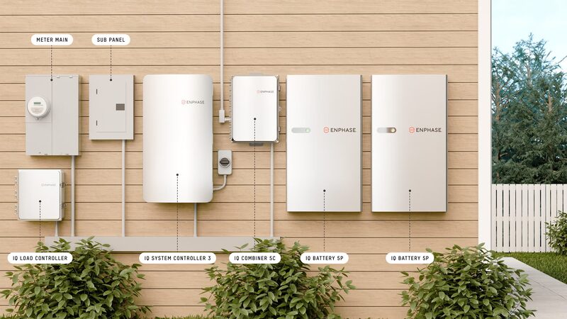 An Enphase home energy system installed on an exterior wall, with labelled components including an IQ System Controller 3, IQ Combiner 5C and two IQ Battery 5P units