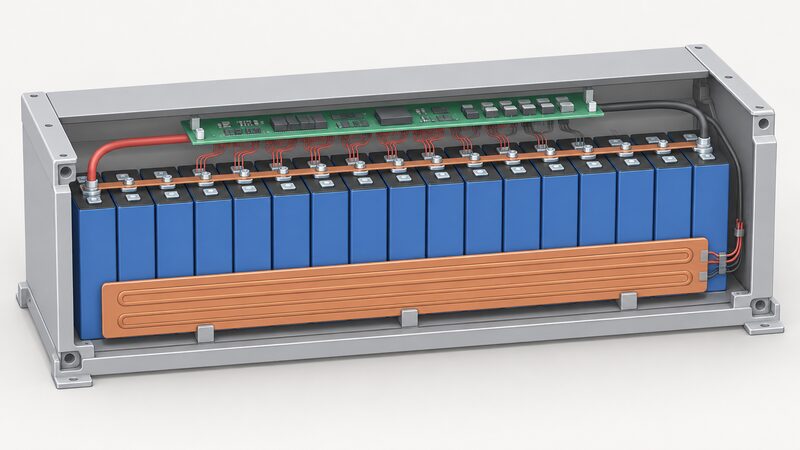 A cutaway view of an open rectangular battery module showing sixteen identical LiFePO4 cells standing side by side in a single row, wired in series, with a BMS circuit board mounted above them and a thin heating element pad laid against the cells, all inside a plain casing.