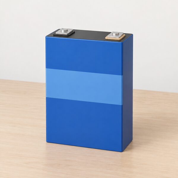 A single large prismatic LiFePO₄ battery cell shown upright on a plain workbench, drawn as a simple rectangular block with flat terminal posts on top and a plain colour band across its face, with no labels, markings or figures of any kind.