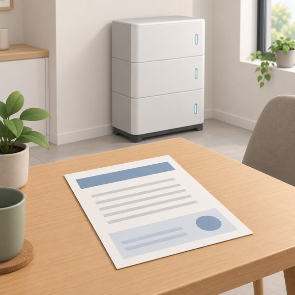 A printed warranty certificate lying on a table beside a stacked home battery, drawn as a physical paper document with blank lines and plain colour bands instead of readable terms, in a simple domestic setting.