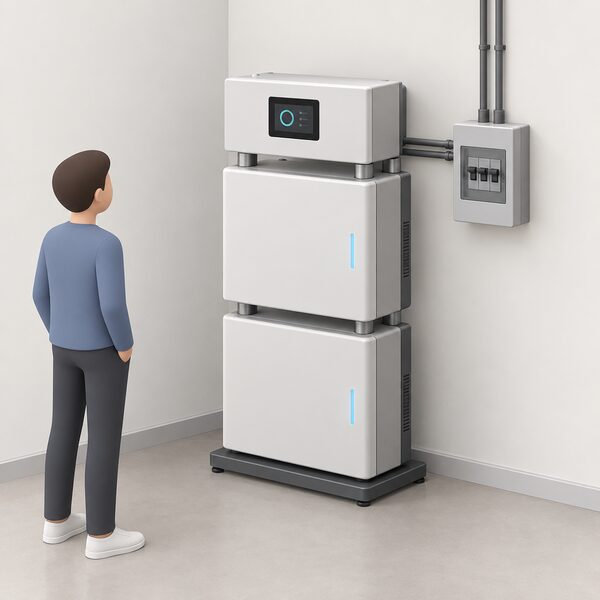 A domestic wall corner with a battery base plate on the floor carrying two identical 16.1kWh battery modules stacked one above the other, topped by a control unit with an LCD touchscreen, all connected by short vertical links as a single 32.2kWh stack.