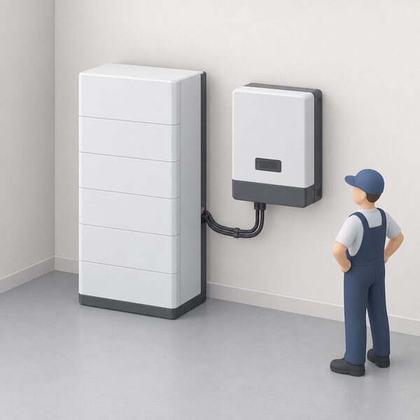 A tall 16.1kWh battery module standing indoors on the floor beside a separate inverter unit, the two connected by a short cable run, with a small simplified installer figure standing nearby having completed the installation.