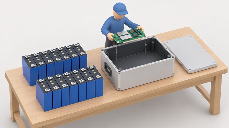 An open ECO battery enclosure on a workbench during assembly, with rows of prismatic cell modules laid out beside it and the BMS circuit board being lowered into place by a simplified figure.