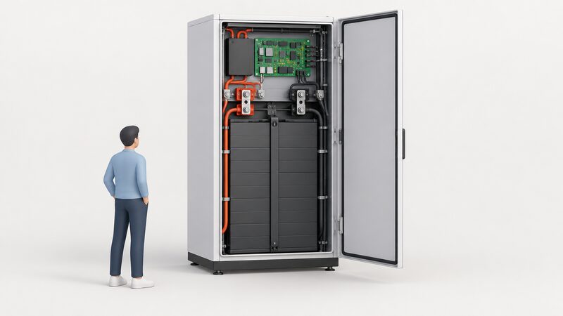 A single ECO 16.1kWh home battery shown as a plain-cased upright cabinet with its front panel open or removed, revealing the busbar connections, cabling terminals and the BMS control board inside, drawn as a clean product-style illustration with no readable markings.