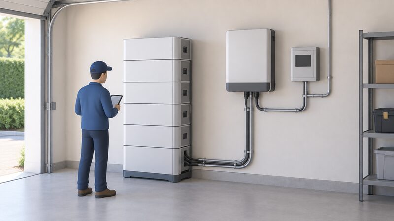 A tall modular battery stack of stacked modules stands against an indoor garage wall, with conduit-run cabling from its base connecting to a wall-mounted inverter and a small control panel beside it, a simplified figure inspecting the connections.