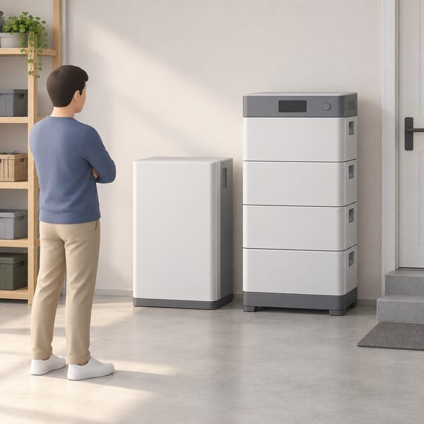 A single assembled ECO battery box standing on the floor of a home utility space beside an expandable IP65 stack of four identical 16.1kWh modules mounted on its base with a control panel on top, both units shown side by side against a plain wall.