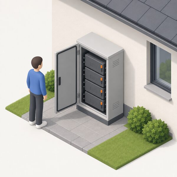 An IP56 outdoor battery cabinet standing on a paved base against the exterior wall of a house, its door open to reveal a stack of battery modules inside, with a simplified isometric figure beside it indicating the scale of the cabinet.
