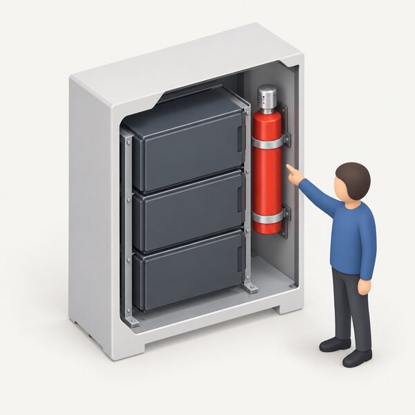 A cutaway view of a home battery enclosure showing an aerosol fire suppression canister mounted inside the casing alongside the battery modules, with a small isometric figure pointing at the canister to show the built-in, heat-activated protection.