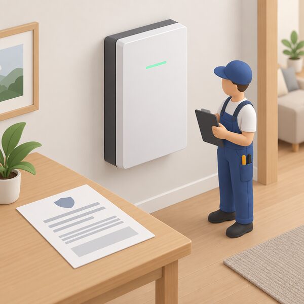 A printed warranty document lying on a table beside a wall-mounted home battery, with a small isometric installer figure standing next to the battery holding a clipboard, suggesting registration and claims handled through the installer.