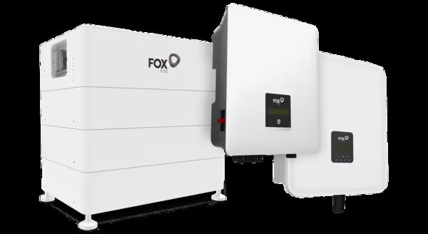 Fox ESS home battery units and a matching hybrid inverter shown as product shots on a white background