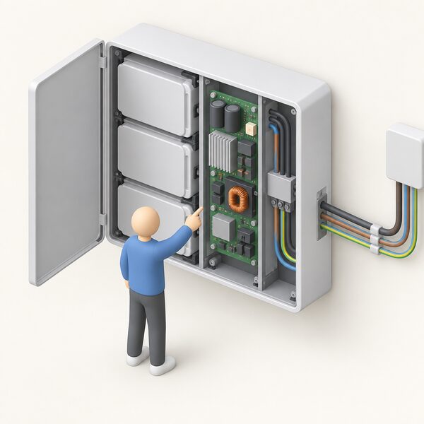 A cutaway view of a wall-mounted home battery cabinet showing the conversion electronics as a circuit board with inverter components between the battery modules and the household supply cables, with a simplified isometric figure pointing at the board.
