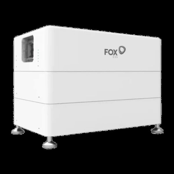 A white Fox ESS stacked home battery unit on floor mounts, shown on a plain background