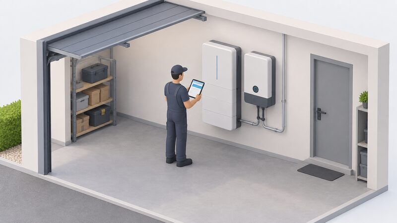 An installer in a covered garage stands beside a wall-mounted Fronius Reserva battery next to its hybrid inverter, holding a tablet showing the Solar.start commissioning screen as a plain colour band, pairing the battery with the inverter during the visit.