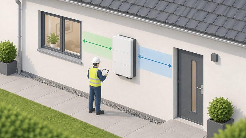 A wall-mounted domestic battery storage unit on the outside external wall of a house, with a simplified isometric figure of an installer checking it, and the required clearance distances to a nearby window and door shown as marked dimension bands of empty space between the unit and each opening.