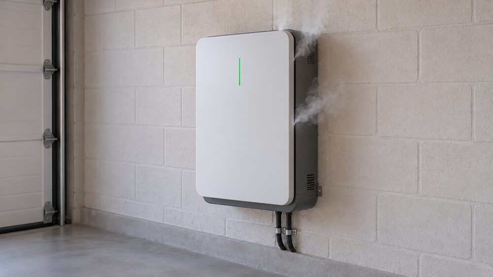 A close-up of a domestic battery storage unit mounted on a garage wall, its casing intact, with pale wisps of gas venting from the casing seams before any flame is visible, and nothing else in the scene.
