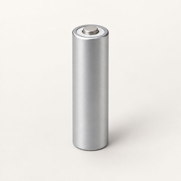A single sealed lithium-ion battery cell shown as a simple everyday object, a plain rectangular pouch or cylinder resting on a neutral surface, intact and closed, with no venting, damage or fire shown.