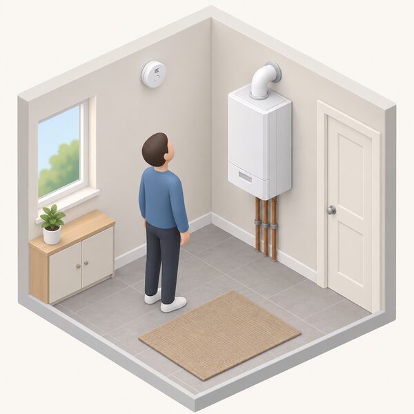 A small round carbon monoxide alarm mounted high on a plain wall in a domestic room, with a wall-mounted gas boiler on an adjacent wall and a simplified isometric figure looking up at the alarm, showing it fitted in a room containing a gas burning appliance.