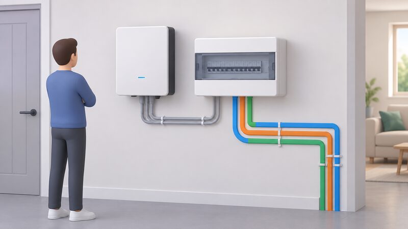 A wall-mounted gateway unit beside a consumer unit in a home, with simple plain colour bands marking the backup circuits leaving the consumer unit to feed house circuits, shown as a clean cutaway wiring scene.