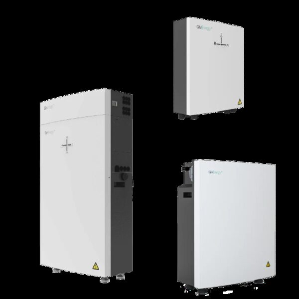 Three GivEnergy home battery storage units shown from different angles on a white background