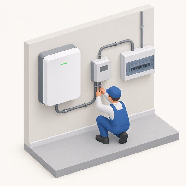 A simplified installer figure crouches beside a wall-mounted AC-coupled battery unit in a home, connecting its AC output through a GEM120-style meter box into the household electricity supply with visible conduit and cabling between battery, meter and consumer unit.